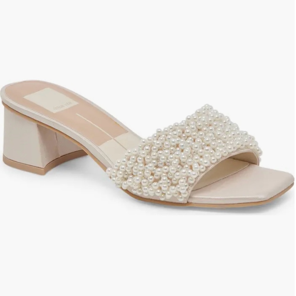 Dolce Vita Cream Pearl-Studded Mules